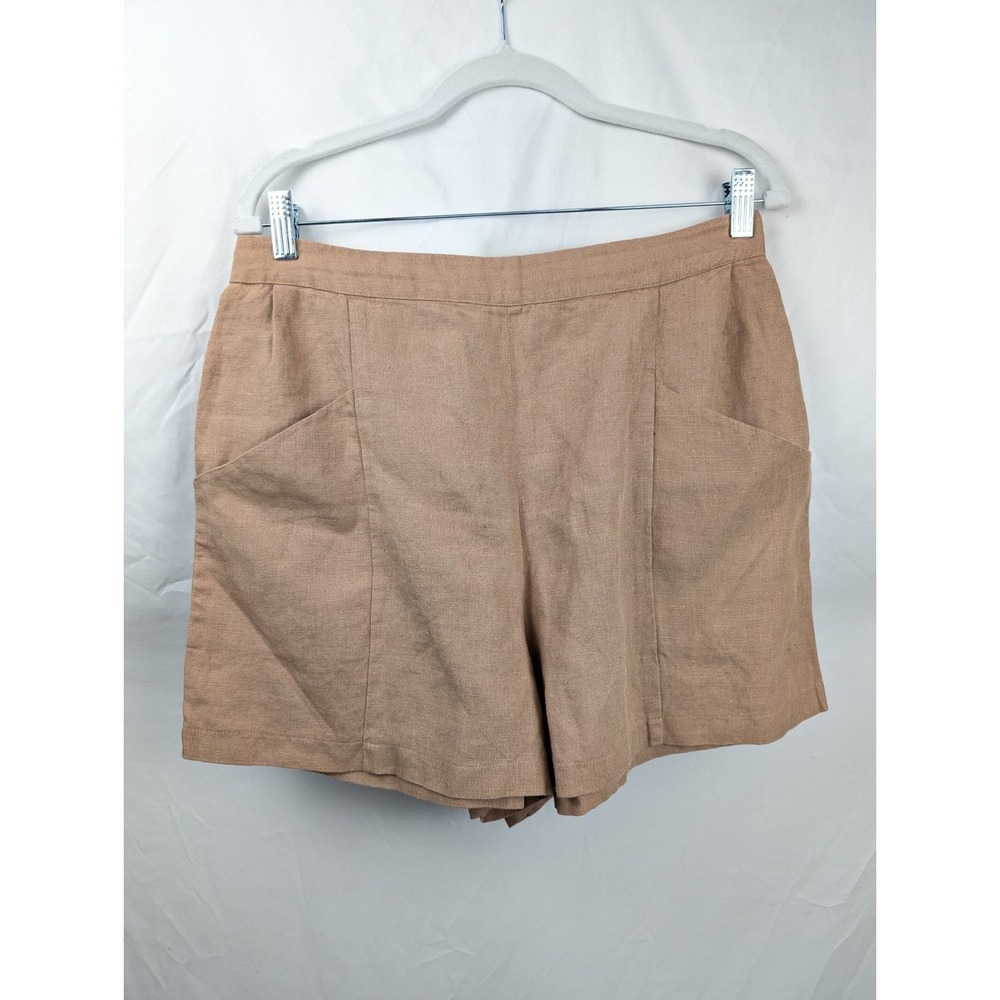 Vetta 100% Linen High Rise Pocket Shorts Size L Tan Elastic Minimalist Capsule - Picture 2 of 9